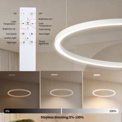 Brilagi - Lámpara colgante LED regulable con cable PORTOFINO LED/60W/230V 3000-6000K Ø 80 cm blanca + mando a distancia