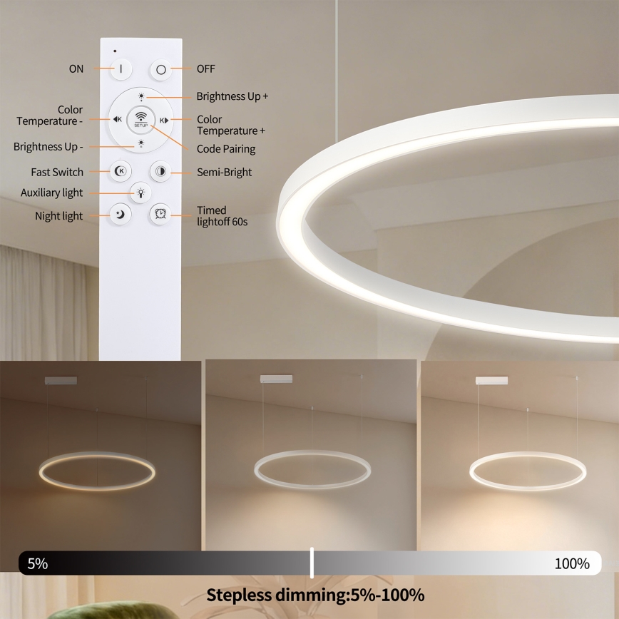 Brilagi - Lámpara colgante LED regulable con cable PORTOFINO LED/60W/230V 3000-6000K Ø 80 cm blanca + mando a distancia