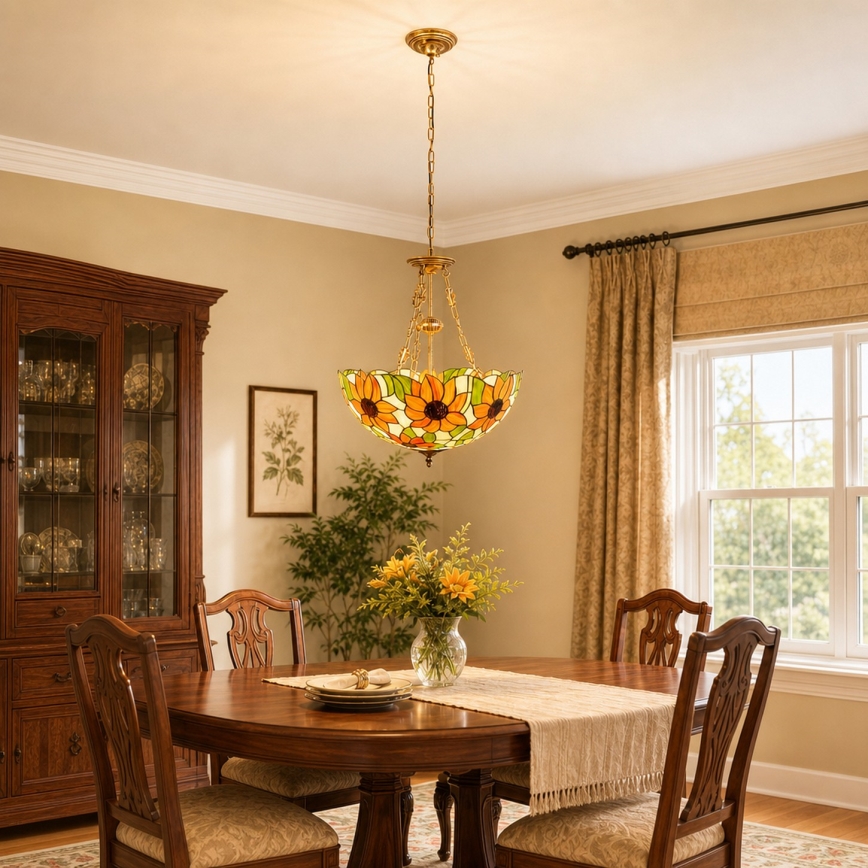 Brilagi - Lámpara colgante Tiffany de vitral con cadena SUNFLOWER 3xE27/60W/230V Ø 50 cm