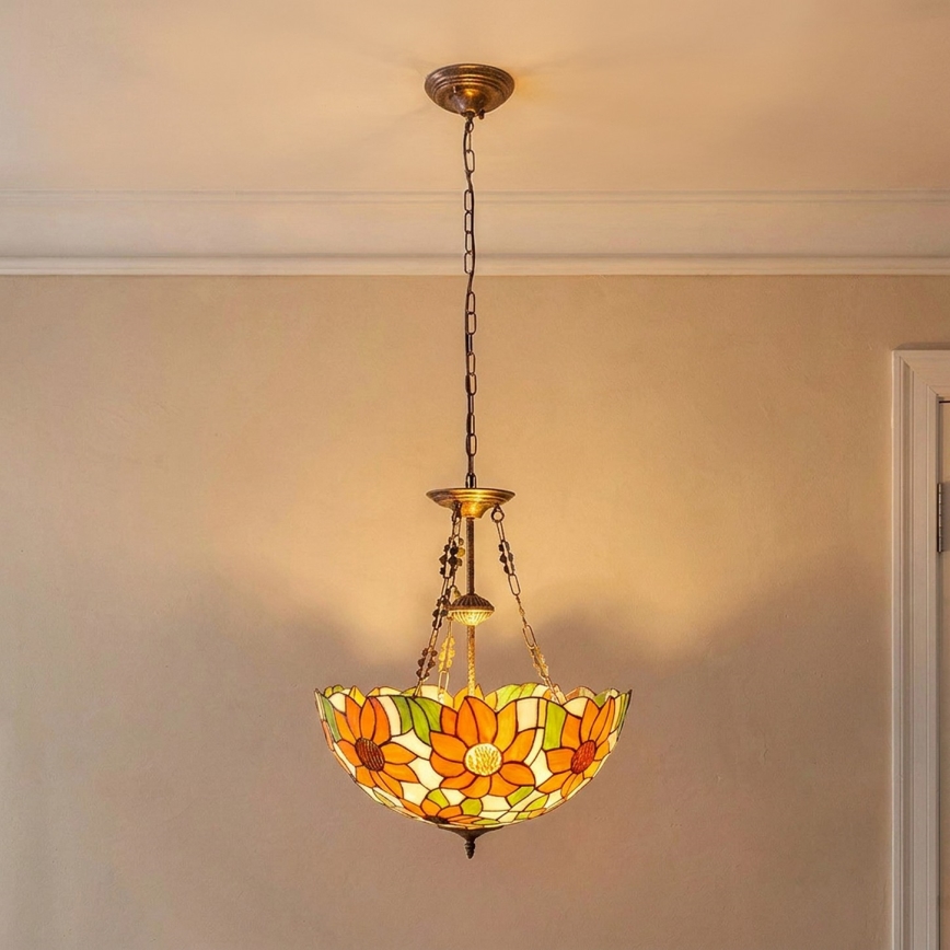 Brilagi - Lámpara colgante Tiffany de vitral con cadena SUNFLOWER 3xE27/60W/230V Ø 50 cm