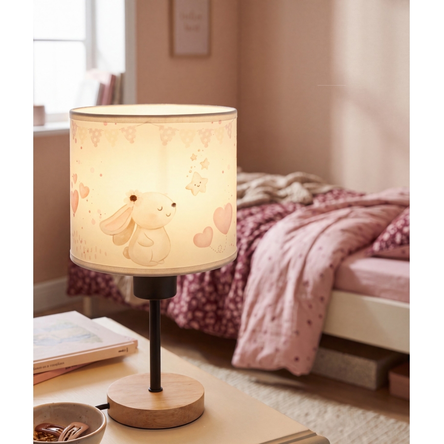 BRILAGI - Lámpara de mesa infantil BOBO WOOD 1xE27/25W/230V roble/negro/crema/conejitos