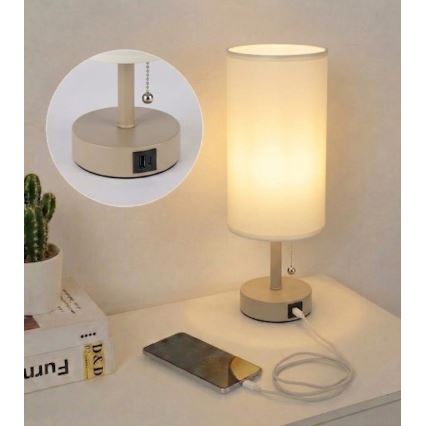 Brilagi - Lámpara de mesa con puerto USB TABLON 1xE27/25W/230V beige/crema