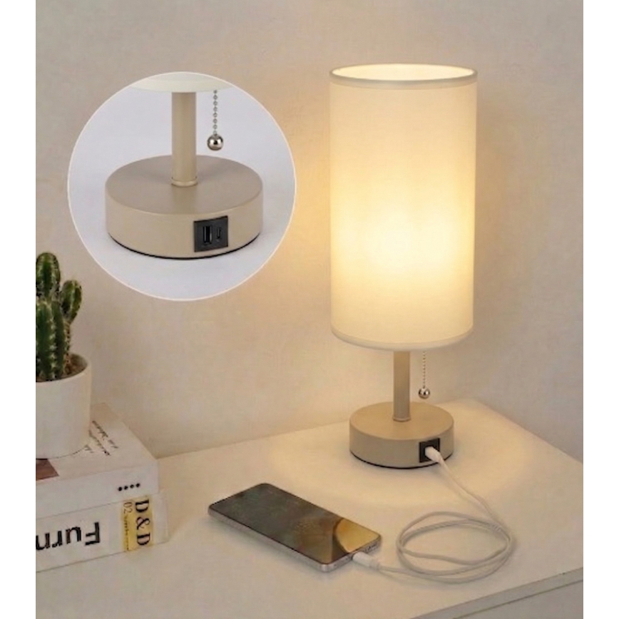 Brilagi - Lámpara de mesa con puerto USB TABLON 1xE27/25W/230V beige/crema