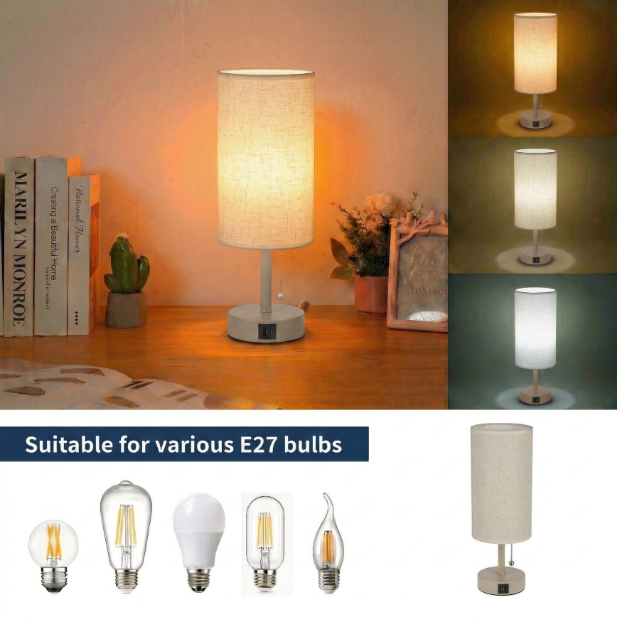 Brilagi - Lámpara de mesa con puerto USB TABLON 1xE27/25W/230V beige/crema