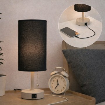 Brilagi - Lámpara de mesa con puerto USB TABLON 1xE27/25W/230V beige/negro