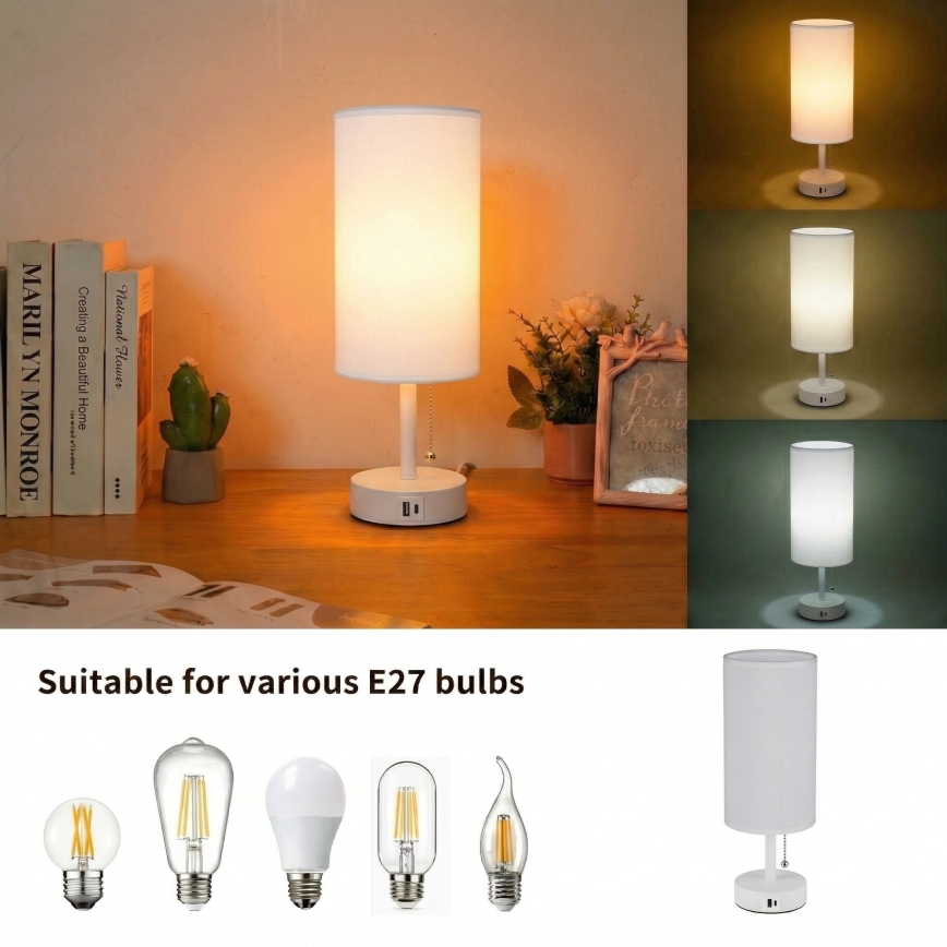 Brilagi - Lámpara de mesa con puerto USB TABLON 1xE27/25W/230V blanca