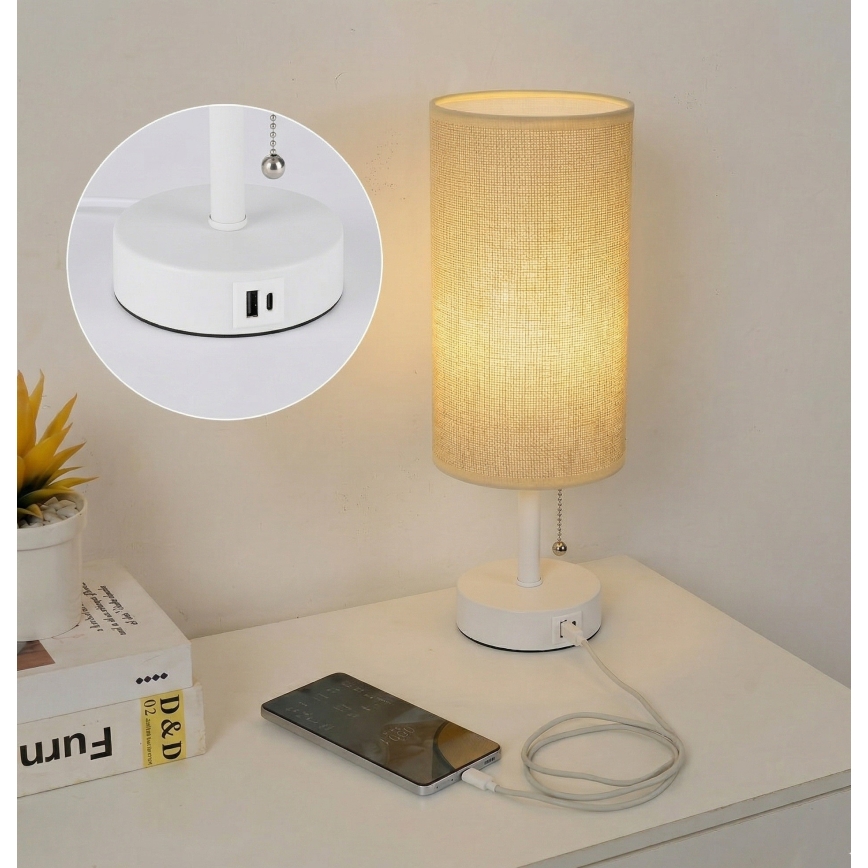 Brilagi - Lámpara de mesa con puerto USB TABLON 1xE27/25W/230V blanco/beige