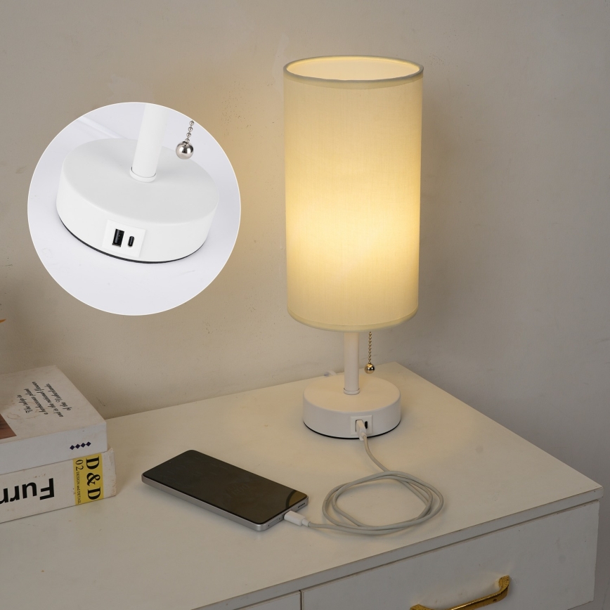 BRILAGI - Lámpara de mesa con puerto USB TABLON 1xE27/25W/230V blanco/crema