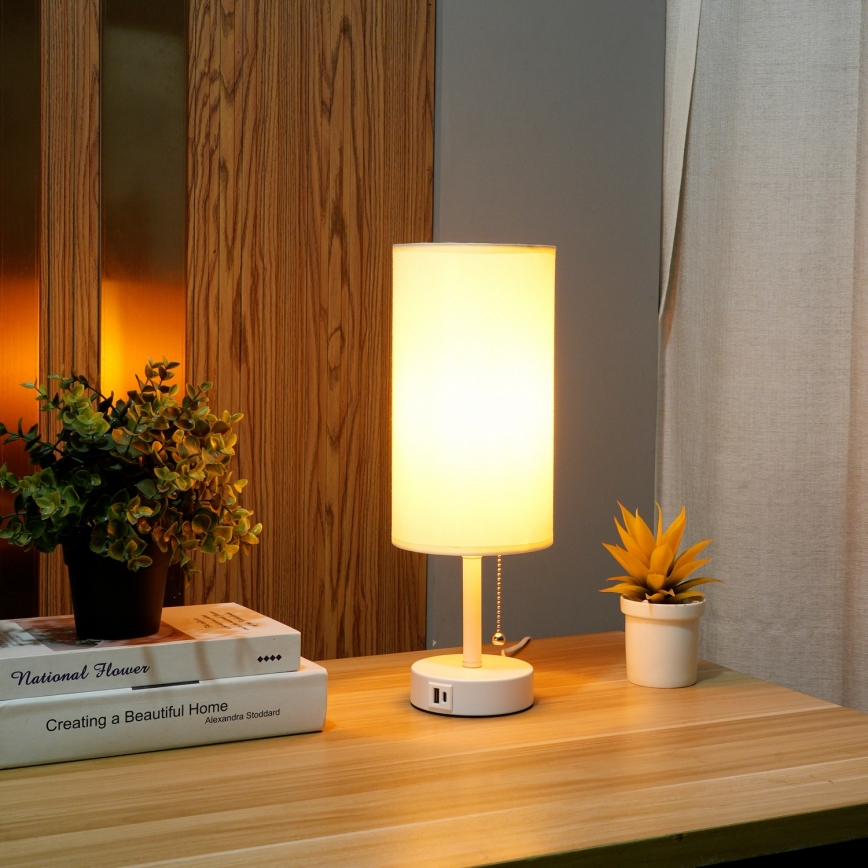 BRILAGI - Lámpara de mesa con puerto USB TABLON 1xE27/25W/230V blanco/crema