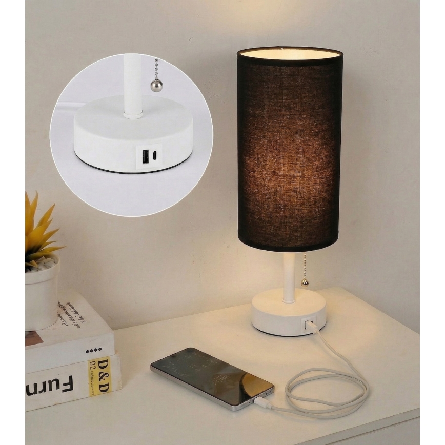 Brilagi - Lámpara de mesa con puerto USB TABLON 1xE27/25W/230V blanco/negro