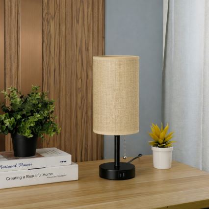 Brilagi - Lámpara de mesa con puerto USB TABLON 1xE27/25W/230V negra/beige