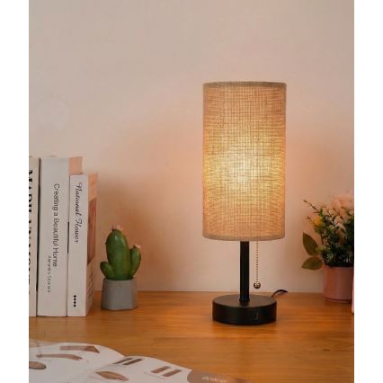 Brilagi - Lámpara de mesa con puerto USB TABLON 1xE27/25W/230V negra/beige