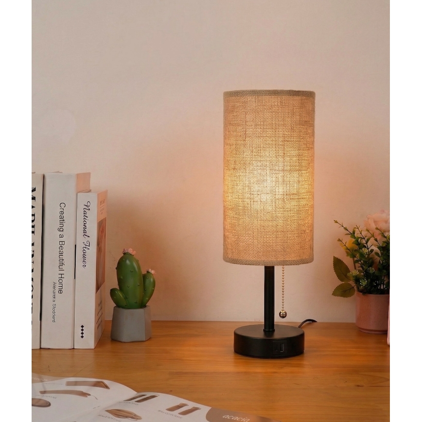 Brilagi - Lámpara de mesa con puerto USB TABLON 1xE27/25W/230V negra/beige