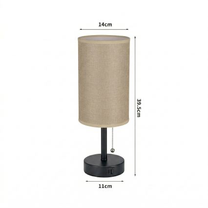 Brilagi - Lámpara de mesa con puerto USB TABLON 1xE27/25W/230V negra/beige