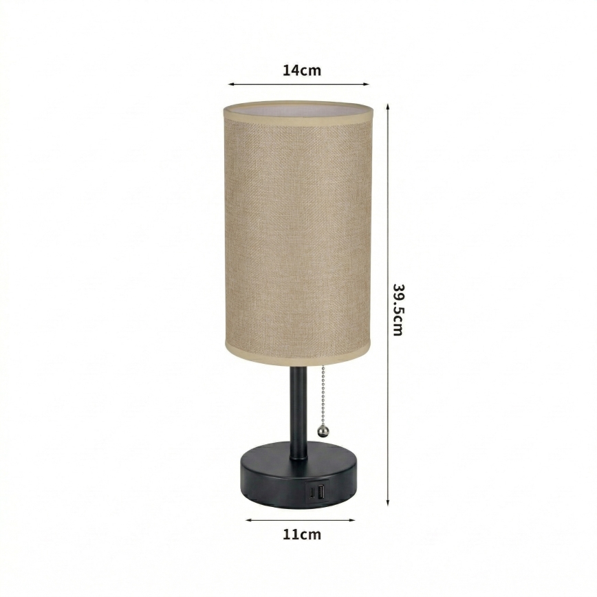 Brilagi - Lámpara de mesa con puerto USB TABLON 1xE27/25W/230V negra/beige