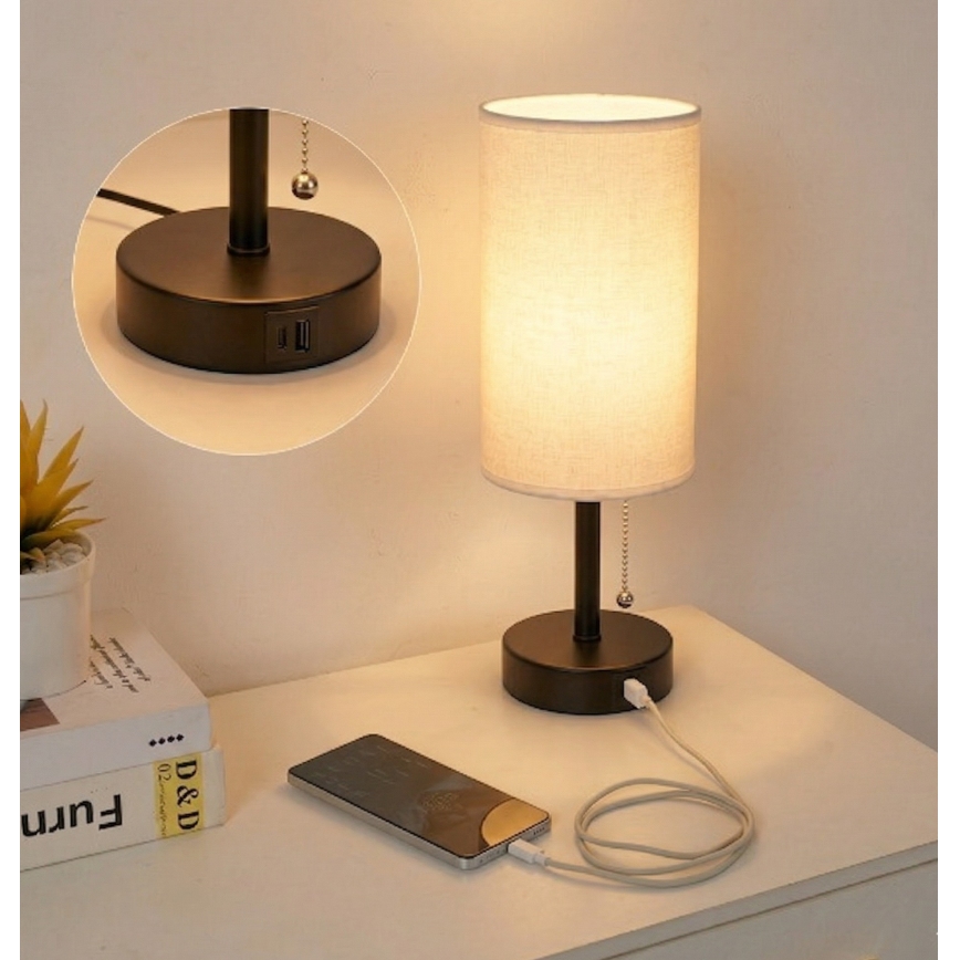 Brilagi - Lámpara de mesa con puerto USB TABLON 1xE27/25W/230V negra/blanca
