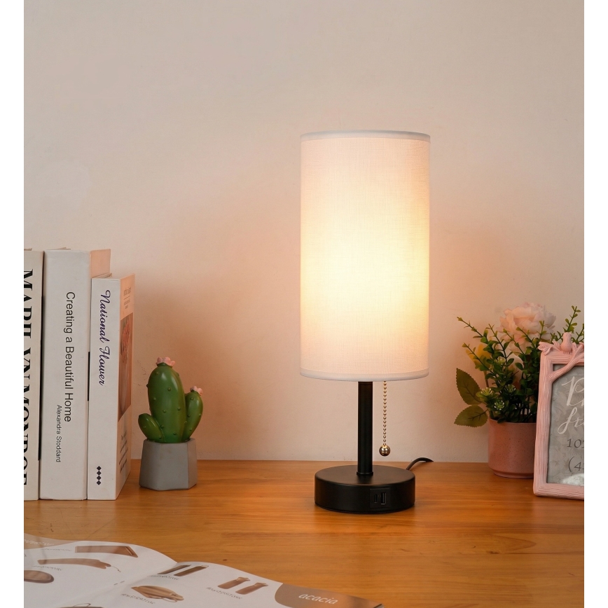 Brilagi - Lámpara de mesa con puerto USB TABLON 1xE27/25W/230V negra/blanca