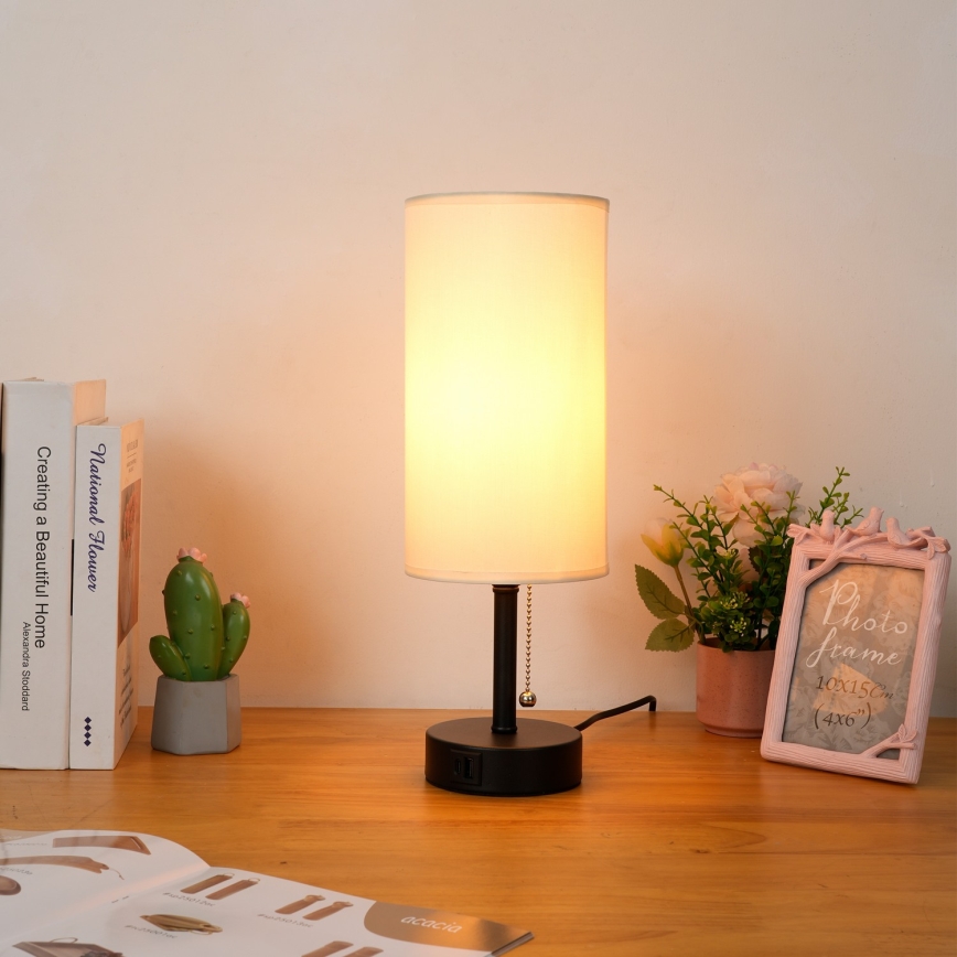 Brilagi - Lámpara de mesa con puerto USB TABLON 1xE27/25W/230V negro/crema