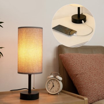 Brilagi - Lámpara de mesa con puerto USB TABLON 1xE27/25W/230V negro/gris