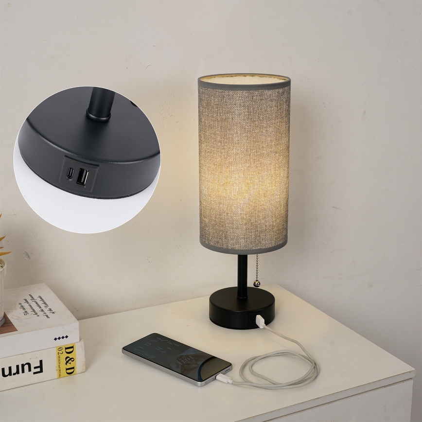 Brilagi - Lámpara de mesa con puerto USB TABLON 1xE27/25W/230V negro/gris