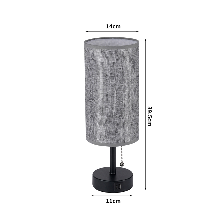 Brilagi - Lámpara de mesa con puerto USB TABLON 1xE27/25W/230V negro/gris