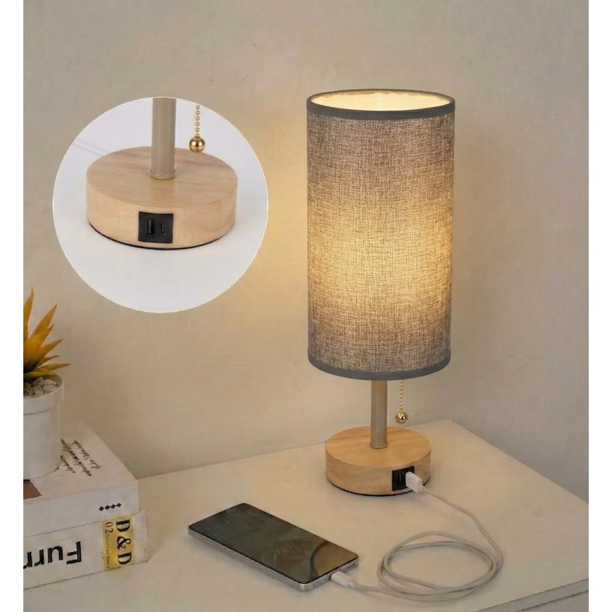 Brilagi - Lámpara de mesa con puerto USB TABLON 1xE27/25W/230V roble/beige/gris
