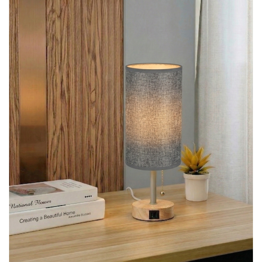 Brilagi - Lámpara de mesa con puerto USB TABLON 1xE27/25W/230V roble/beige/gris