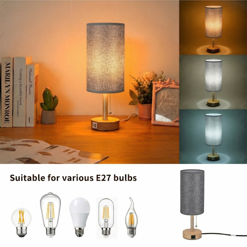 Brilagi - Lámpara de mesa con puerto USB TABLON 1xE27/25W/230V roble/beige/gris