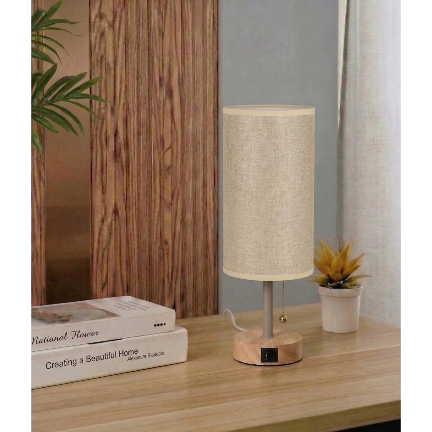 Brilagi - Lámpara de mesa con puerto USB TABLON 1xE27/25W/230V roble/beige
