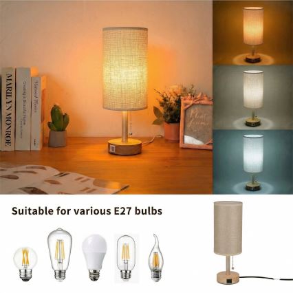 Brilagi - Lámpara de mesa con puerto USB TABLON 1xE27/25W/230V roble/beige