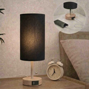 Brilagi - Lámpara de mesa con puerto USB TABLON 1xE27/25W/230V roble/beige/negro