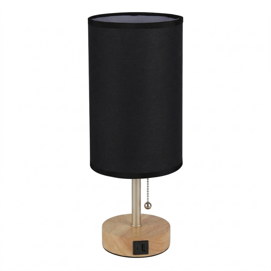 BRILAGI - Lámpara de mesa con puerto USB TABLON 1xE27/25W/230V roble/beige/negro