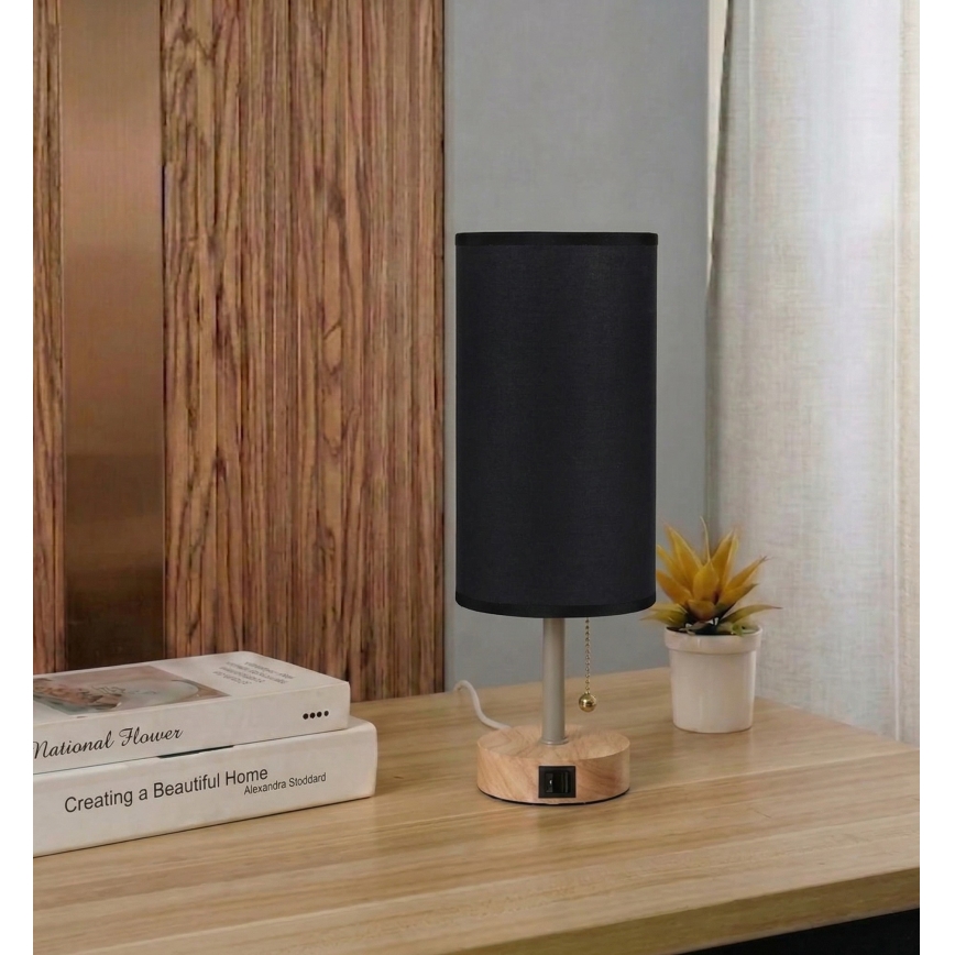 BRILAGI - Lámpara de mesa con puerto USB TABLON 1xE27/25W/230V roble/beige/negro