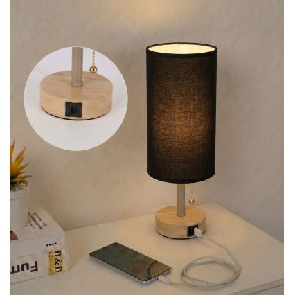 BRILAGI - Lámpara de mesa con puerto USB TABLON 1xE27/25W/230V roble/beige/negro