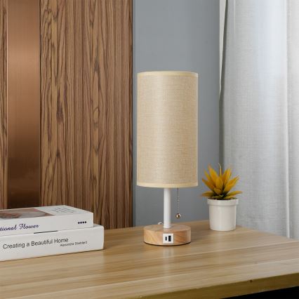 Brilagi - Lámpara de mesa con puerto USB TABLON 1xE27/25W/230V roble/blanco/beige