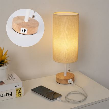 Brilagi - Lámpara de mesa con puerto USB TABLON 1xE27/25W/230V roble/blanco/beige