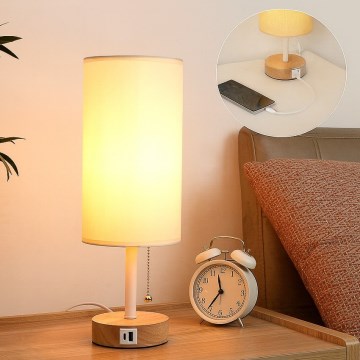 Brilagi - Lámpara de mesa con puerto USB TABLON 1xE27/25W/230V roble/blanco/crema