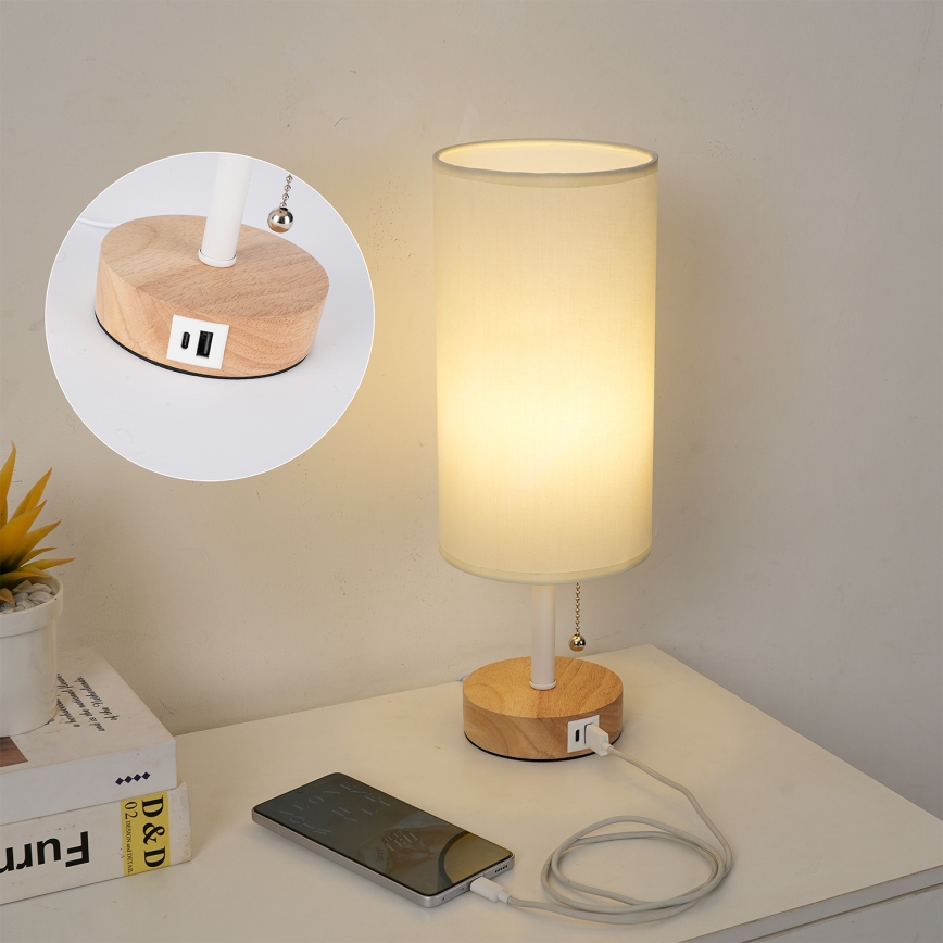 Brilagi - Lámpara de mesa con puerto USB TABLON 1xE27/25W/230V roble/blanco/crema