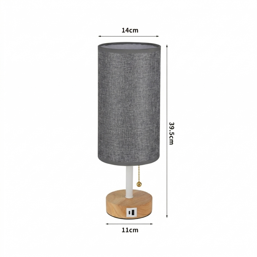 Brilagi - Lámpara de mesa con puerto USB TABLON 1xE27/25W/230V roble/blanco/gris