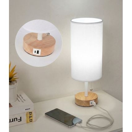 Brilagi - Lámpara de mesa con puerto USB TABLON 1xE27/25W/230V roble/blanco