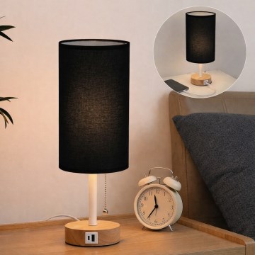 Brilagi - Lámpara de mesa con puerto USB TABLON 1xE27/25W/230V roble/blanco/negro