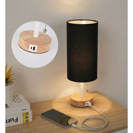 Brilagi - Lámpara de mesa con puerto USB TABLON 1xE27/25W/230V roble/blanco/negro