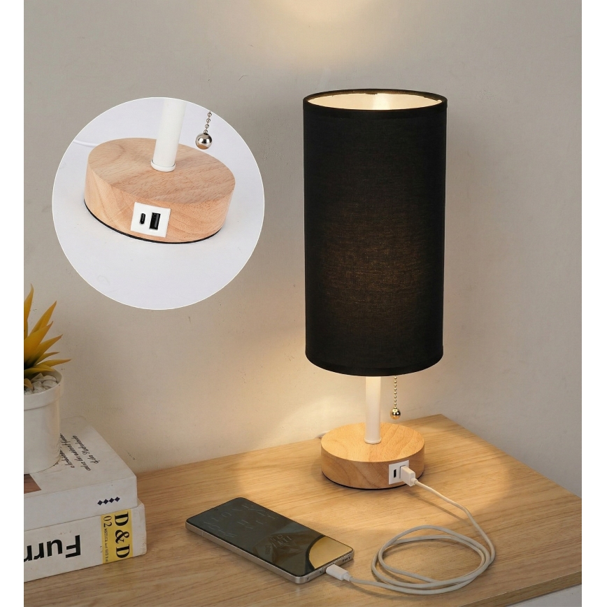 Brilagi - Lámpara de mesa con puerto USB TABLON 1xE27/25W/230V roble/blanco/negro