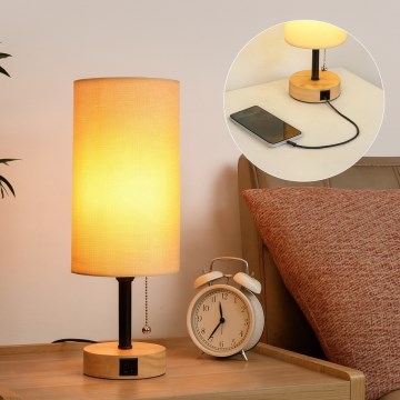 Brilagi - Lámpara de mesa con puerto USB TABLON 1xE27/25W/230V roble/negro/beige