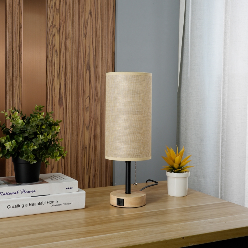 Brilagi - Lámpara de mesa con puerto USB TABLON 1xE27/25W/230V roble/negro/beige