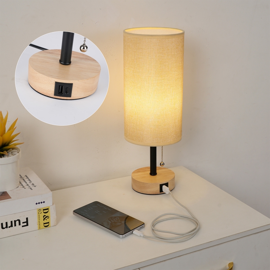 Brilagi - Lámpara de mesa con puerto USB TABLON 1xE27/25W/230V roble/negro/beige