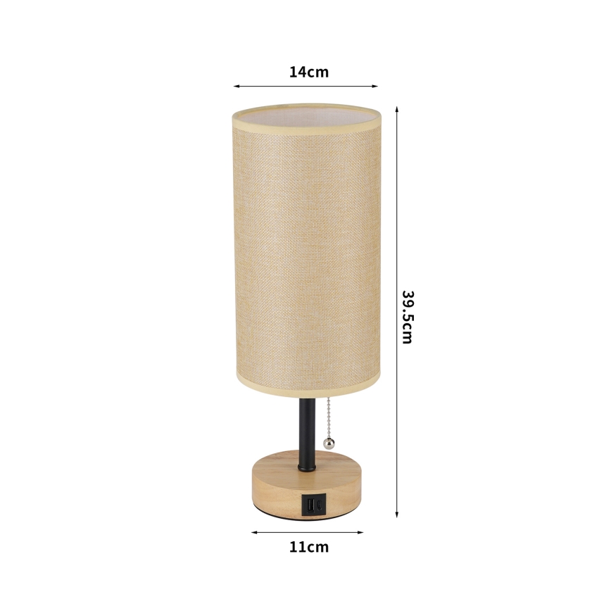 Brilagi - Lámpara de mesa con puerto USB TABLON 1xE27/25W/230V roble/negro/beige