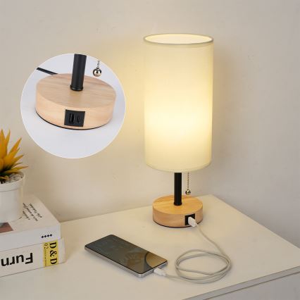 Brilagi - Lámpara de mesa con puerto USB TABLON 1xE27/25W/230V roble/negro/crema