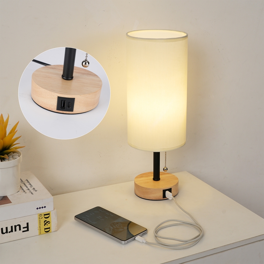 Brilagi - Lámpara de mesa con puerto USB TABLON 1xE27/25W/230V roble/negro/crema