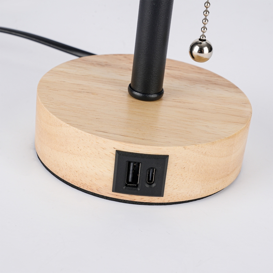 Brilagi - Lámpara de mesa con puerto USB TABLON 1xE27/25W/230V roble/negro/crema